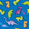 Seamless dinosaur pattern. Animal blue background with colorful dino. Vector illustration. Royalty Free Stock Photo